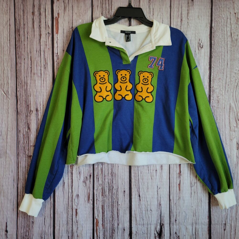 Rugby Cropped Womens Shirt Teddy Bears Patches Forever 21 Vertical Stripes